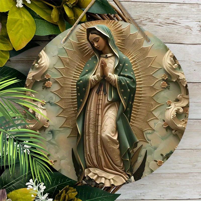 Vintage Our Lady Of Guadalupe Wooden Sign, 1 Count Round Hanging Sign for Wall Window Front Door Decor, Festive Decoration