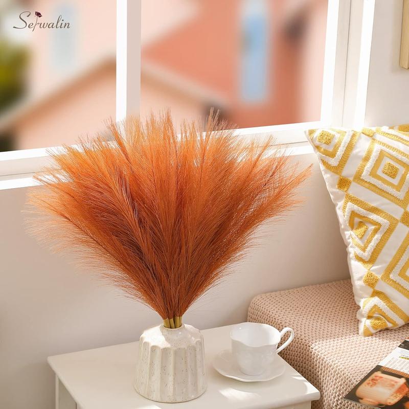 Pampas Grass Decor 17.7 Inch 6 count Orange Pampas Grass, Faux Burnt Orange Pampas Fall Boho Decor, Wedding Party Table Rust Home Decor Pampas Floral Arrangement