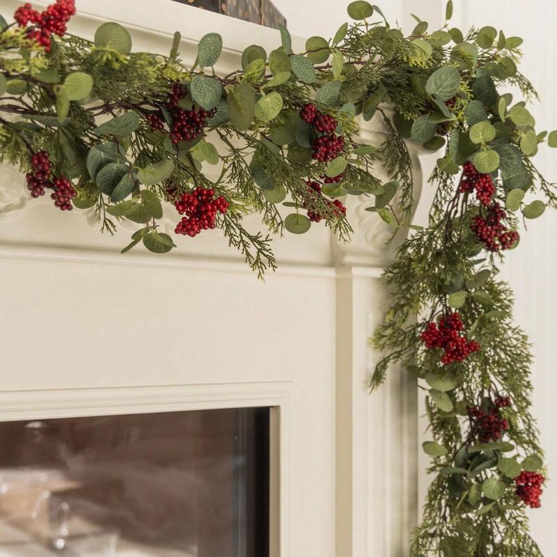 Christmas Artificial Money Grass Pine & Cypress Red Fruit Garland, Fake Plant Garland, Fake Christmas Plant Vine for Stairs, Desktop Centerpiece, Furniture Decor