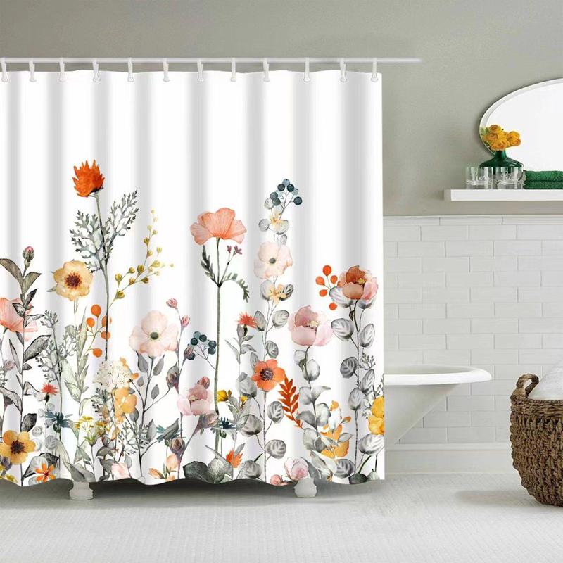 Floral Print Shower Curtain, 1 Count Waterproof Bathroom Shower Curtain with 12pcs Hooks, Bathroom Supplies