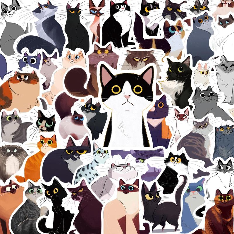 Cute Cat Pattern Skateboard Decorative Sticker, 50pcs Self Adhesive Decorative Stickers for Gift Bags Greeting Cards Gift Wrapping, Water Bottle