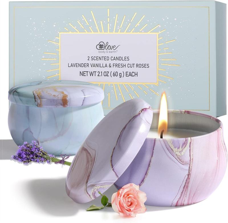 Candles Gift, 2×2.1 oz Aromatherapy Candles for Home Scented, Soy Wax Candles with Lavender Vanilla Fresh Cut Roses, Portable Small Jar Candles Set for Travel, Spa, Bath, Yoga, Home Decor Tin Candle Fragrance Decoration