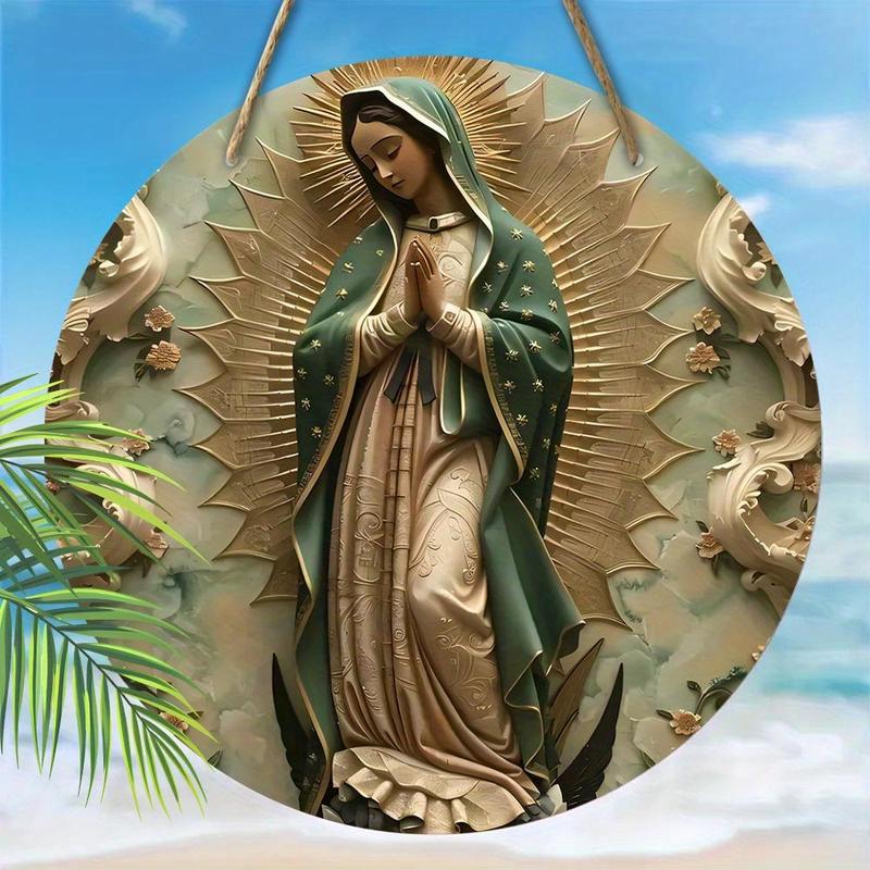 Vintage Our Lady Of Guadalupe Wooden Sign, 1 Count Round Hanging Sign for Wall Window Front Door Decor, Festive Decoration