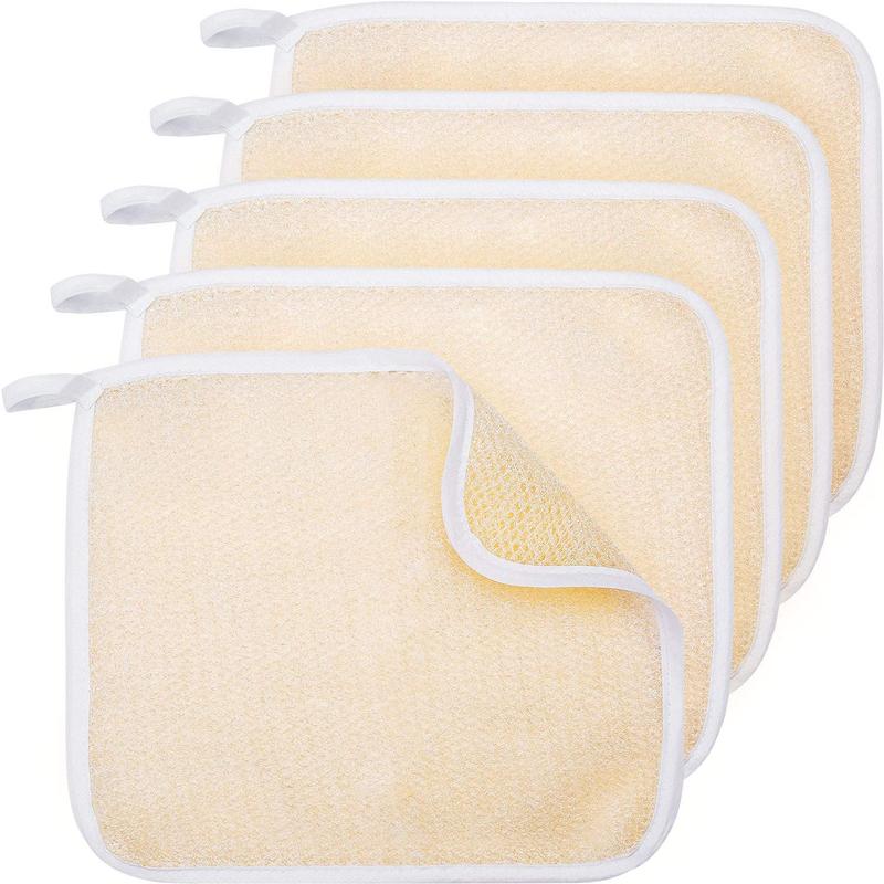 5 Count Exfoliating Face and Body Wash Cloths Towel Weave Bath Cloth Exfoliating Scrub Cloth Massage Bath Cloth for Women and Men, 10.63 x 9.05 Inch (Beige)