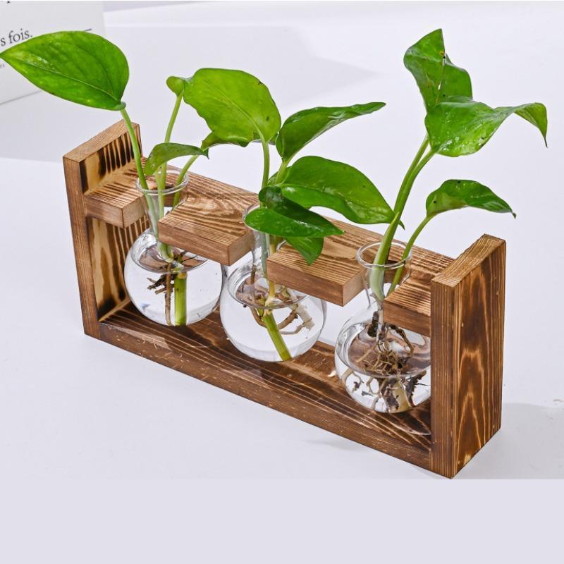 Wooden Frame Hydroponic Glass Bottle, 1 Count Creative Pothos Plant Glass Container, Desktop  Decoration Vase for Home Living Room Office