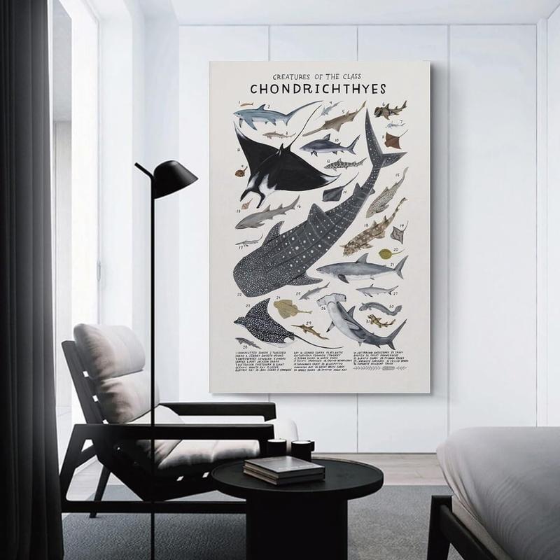 Shark Wall Art Animals Pictures Chondrichthyes Guide Poster Knowledge Prints Animals Fish Canvas Chart Poster Room Aesthetic for Home Classroom Office Bathroom Wall Decor Canvas Painting Wall Art Post