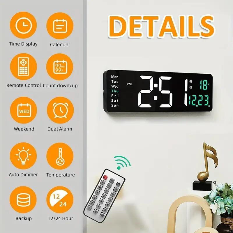 Digital Wall Clock without Battery, 1 Count Battery Powered LED Dual Alarm Clock with Temperature Display, Home Decor for Living Room Bedroom