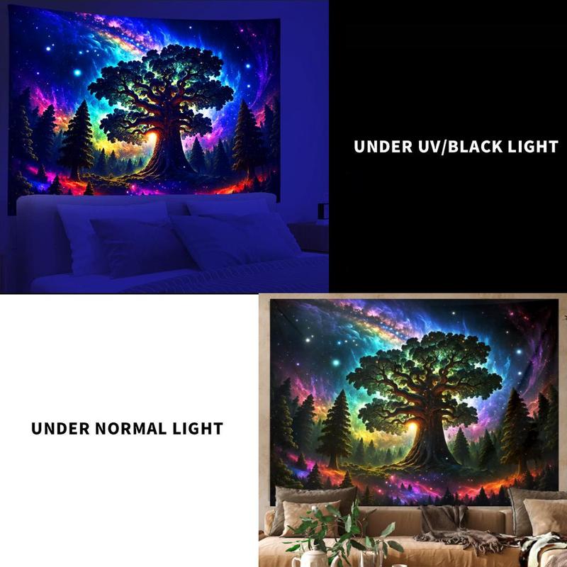 Tree Print Tapestry, Forest & Galaxy Landscape Fluorescent Tapestry, Wall Hanging for Living Room Bedroom Office Home Decor