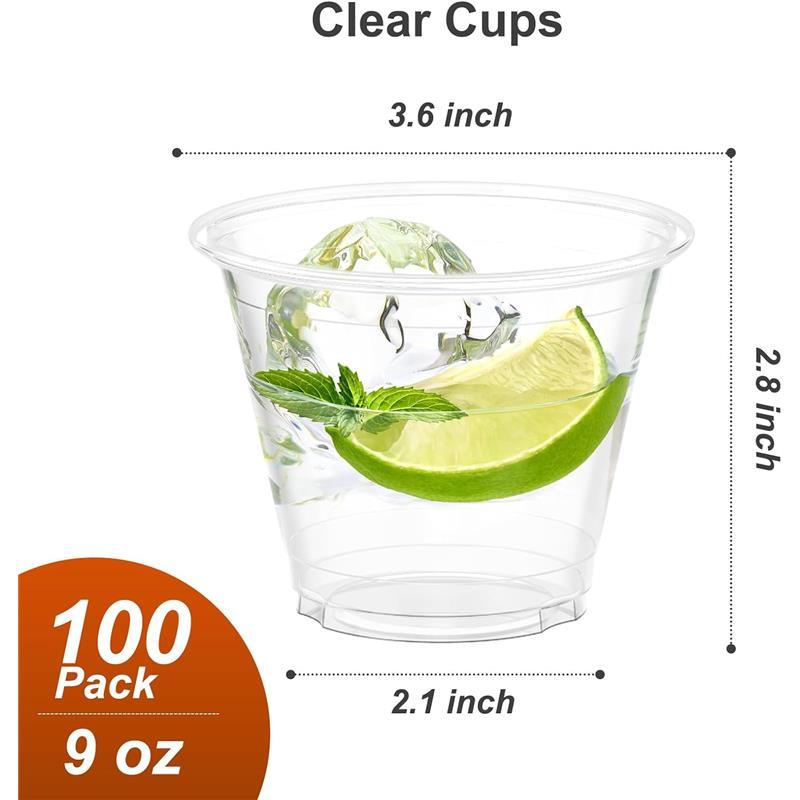 100 Pack 9 oz Clear Plastic Cups for Parties and Desserts - Sturdy & Food Safe Disposable Cups