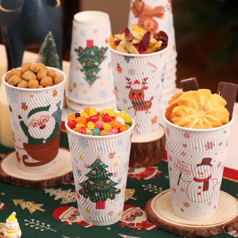 100 Count Christmas Paper Cups, Xmas Disposable coffee Cups Snowflake Santa Snowman Elk Christmas Cups, 16 oz Disposable Christmas Cups for Daily Use Holiday Party(16oz 100Count)