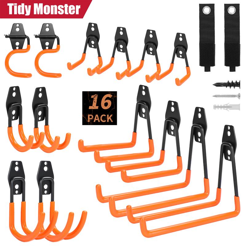 16 Pack Garage Hooks Heavy Duty Garage Organization for Tools Wall Mount Garage Storage Hooks with 2 Extension Cord Straps Shed Hooks