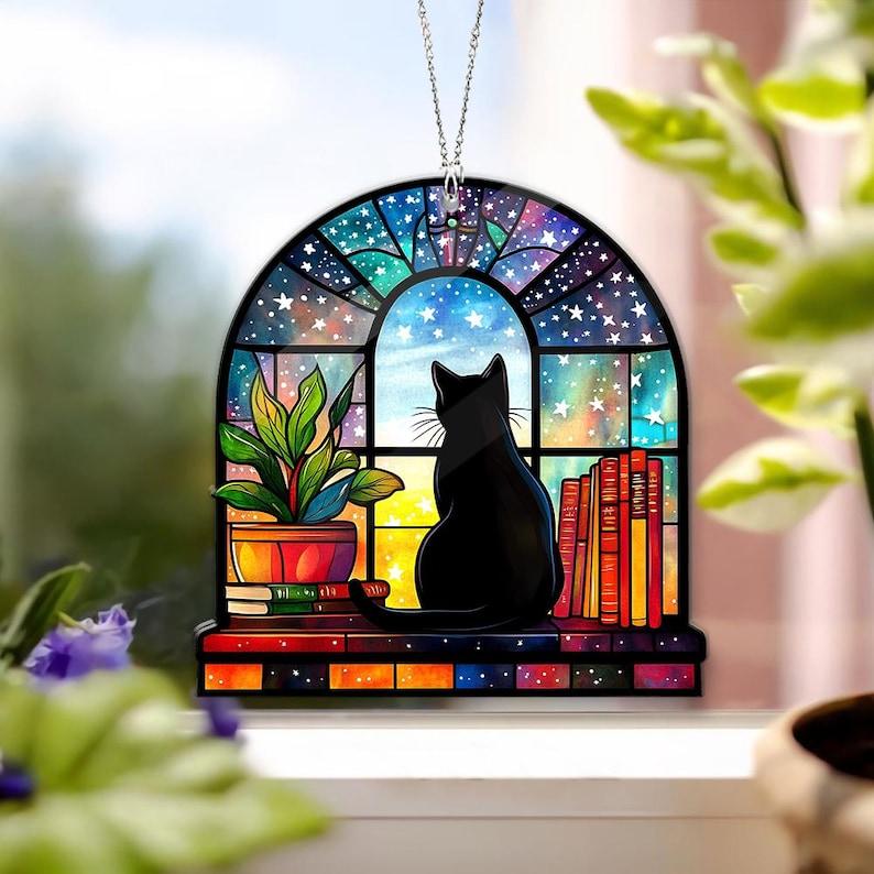 Black Cat Book Acrylic Window Hanging, Reading Black Cat Acrylic Window Hanging, Book Window Decor, Cat Book Lover Gift,Black Cat Lover Gift Hangable Ornaments