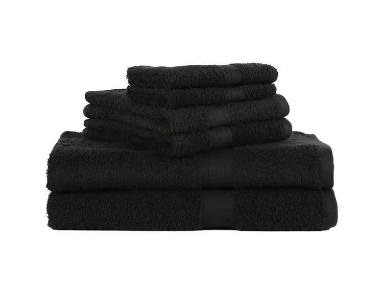 Solid 6-Piece Adult Bath Towel Set, Rich Black Cotton Hand Stripe