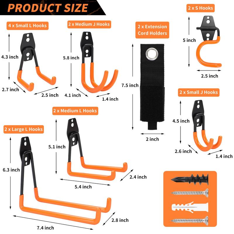 16 Pack Garage Hooks Heavy Duty Garage Organization for Tools Wall Mount Garage Storage Hooks with 2 Extension Cord Straps Shed Hooks