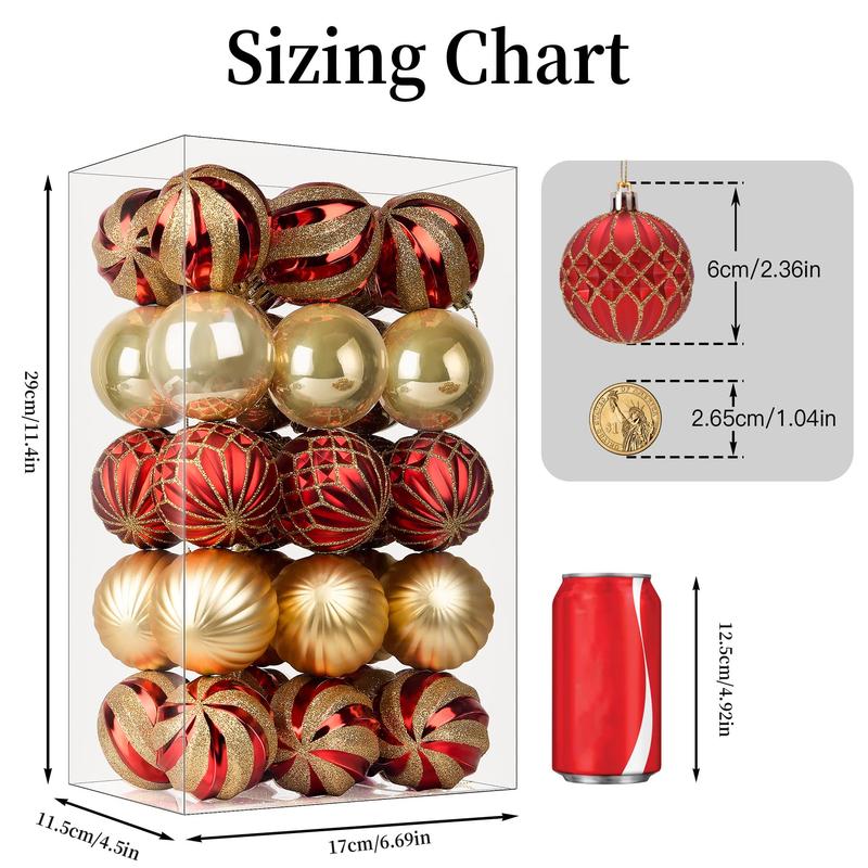 30-count 2.36-inch Christmas tree ball ornaments in red and gold, made from shatterproof plastic. Perfect for decorating Christmas trees, holiday parties, and wedding decorations. (Color: Red & Gold, Size: 60mm)