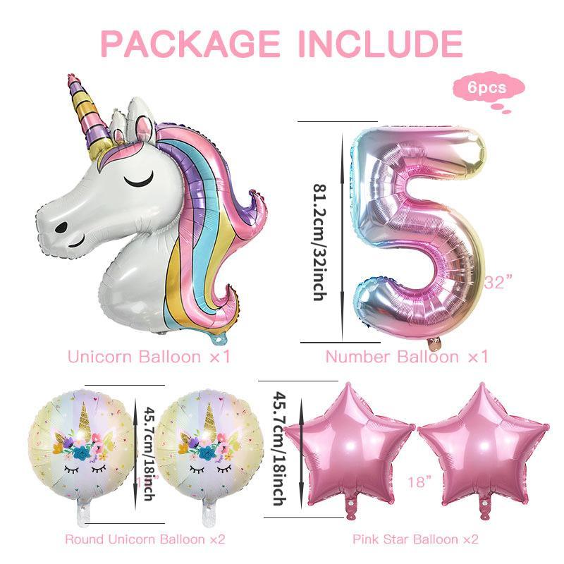 Unicorn Themed Balloon Kit, 6 Counts set Birthday Party Decoration Balloon, Number & Star Shaped Balloon, Party Decoration Supplies