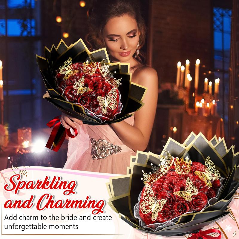 24 36 Pcs Glitter Roses Bouquet for Women Artificial Rose Flowers Bouquet DIY Fake Glitter Roses with Flower Wrapping Paper 3D 6Pcs Butterflies Crowns for Lover Girlfriend for Birthday Valentine's Day Christmas Anniversary Wedding