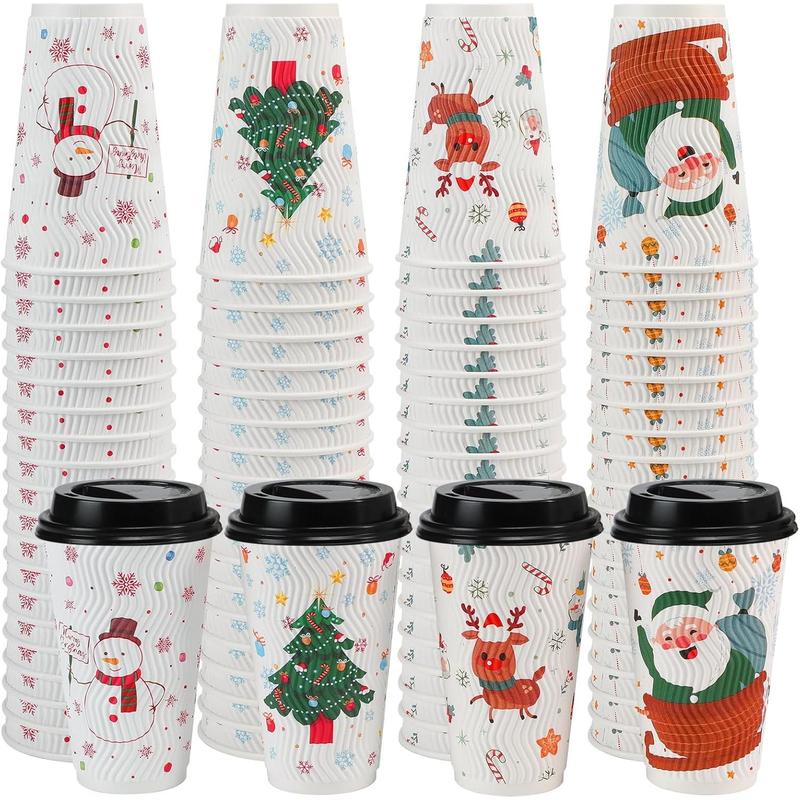 100 Count Christmas Paper Cups, Xmas Disposable coffee Cups Snowflake Santa Snowman Elk Christmas Cups, 16 oz Disposable Christmas Cups for Daily Use Holiday Party(16oz 100Count)