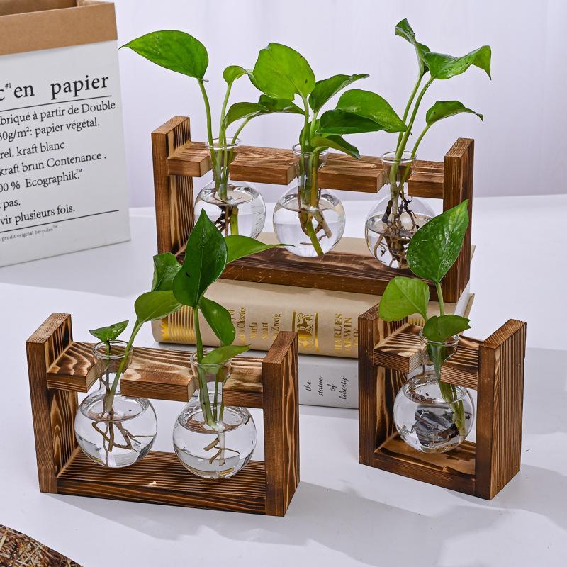 Wooden Frame Hydroponic Glass Bottle, 1 Count Creative Pothos Plant Glass Container, Desktop  Decoration Vase for Home Living Room Office