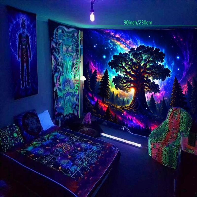 Tree Print Tapestry, Forest & Galaxy Landscape Fluorescent Tapestry, Wall Hanging for Living Room Bedroom Office Home Decor