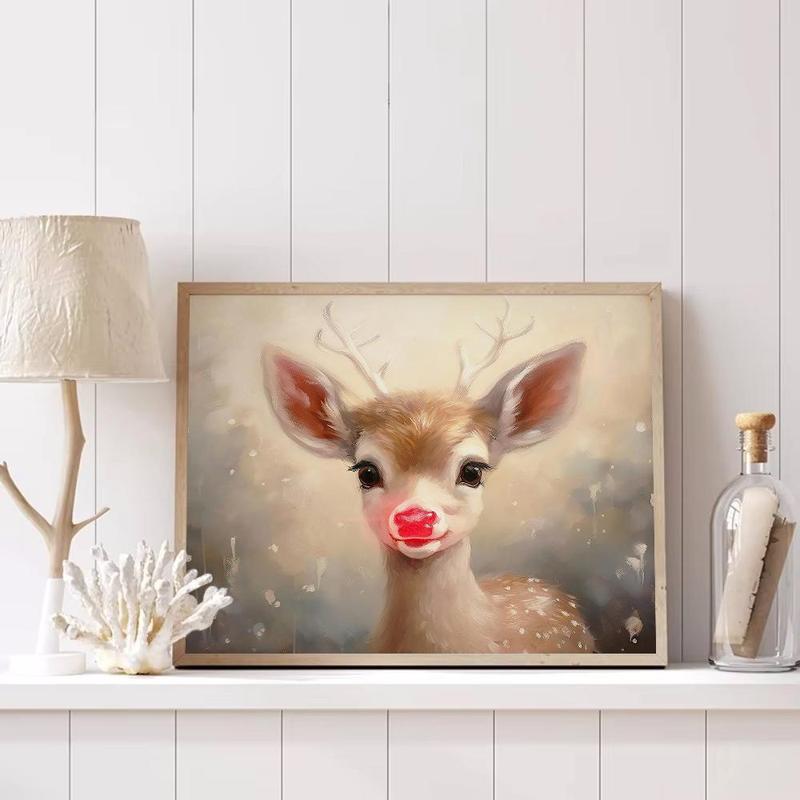 Cartoon Reindeer Pattern Canvas Painting without Frame, 1 Count Cute Deer Pattern Wall Art Painting, Wall Art Decor for Home Living Room Bedroom Office