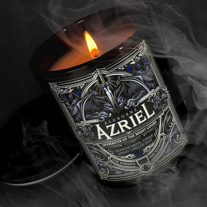 Azriel - ACOTAR inspired 8oz Scented Candle - Shadow Musk, Cedar, Night-Chilled Mist - Natural Coconut Wax - 35 h Burn Time - Premium Foil Label