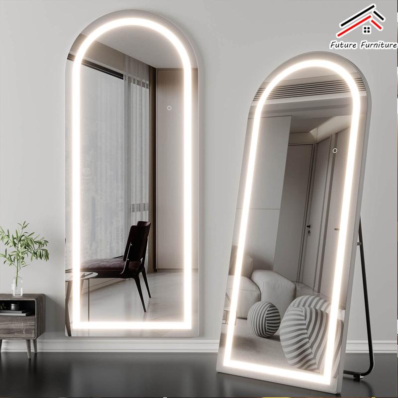 63X20 Inch LED Arched Full Length Mirror with Lights, Black Frame Lighted Floor Mirror, Dimmable & 3 Color Modes LED Full Body Dressing Standing Mirror, Wall Mounted Long Mirror