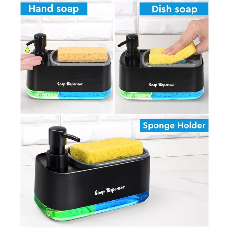 Hand and Dish Soap Dispenser Set for Kitchen, Dual Soap Dispenser with Sponge Holder, 3-in-1 Countertop Soap Pump Dispenser for Kitchen Sink, Useful Kitchen Gadgets - Black