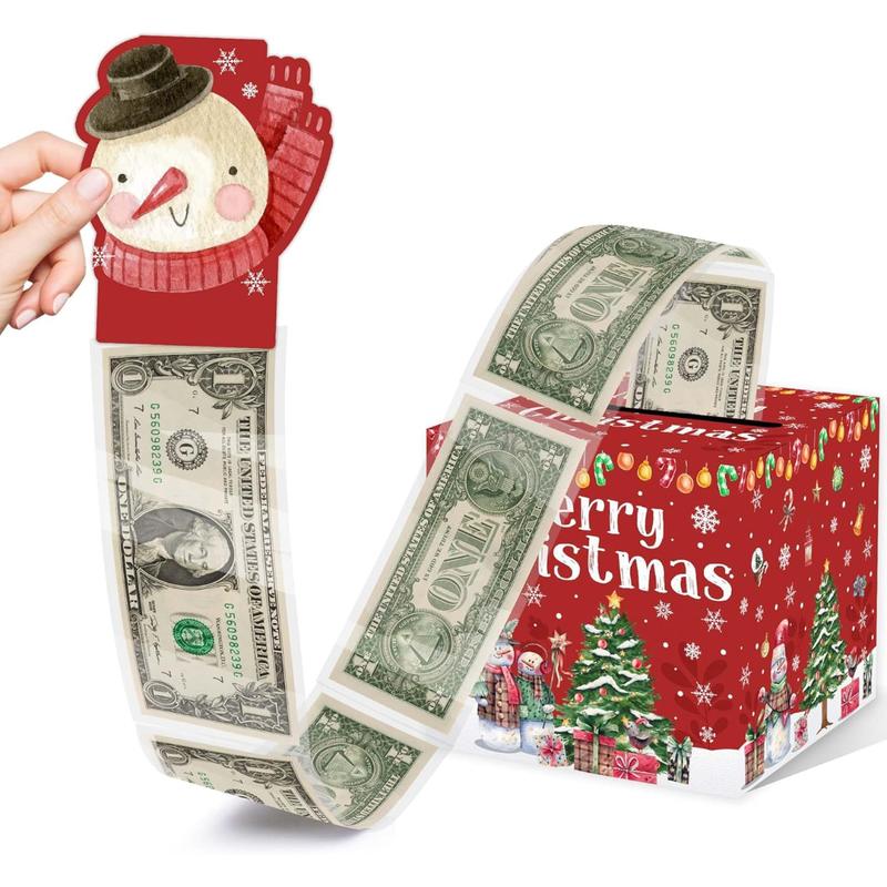 Christmas Party Gifts, Christmas Money Box for Cash Pull, Christmas Money Pull Box with Snowman Card and Transparent Bags