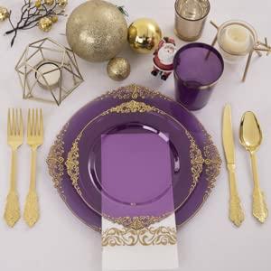 Nervure 175PCS Clear Purple Gold Plastic Plates for 25 Guests Include 25Dinner,Dessert Plates, 25Cups,Forks,Knives,Spoons,Napkins for Wedding&Party halloween decor dinner plate