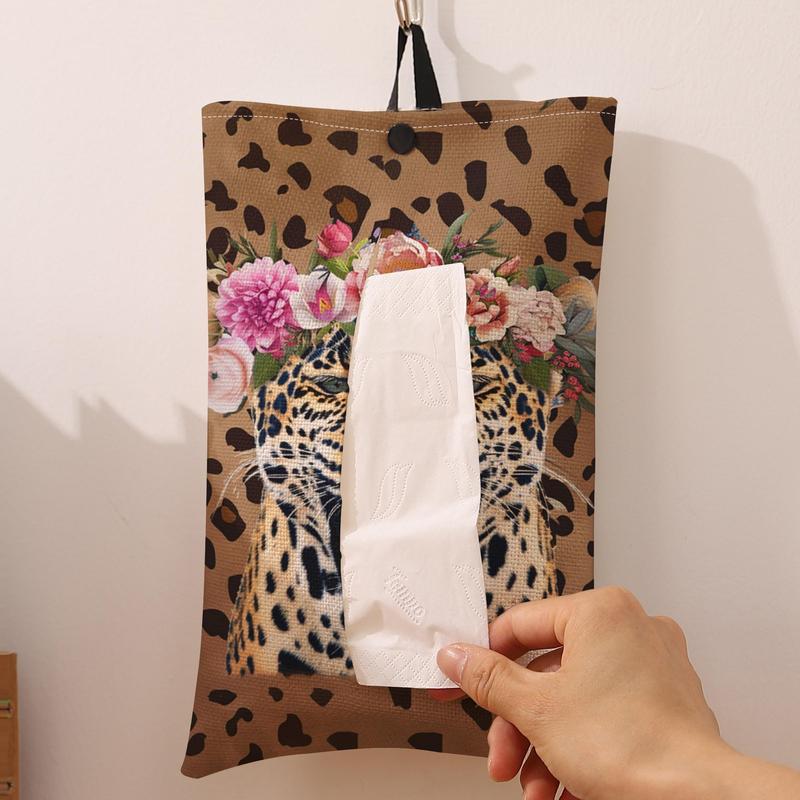 Leopard & Flower Print Toilet Paper Bag, Creative Toilet Paper Holder, Lovely Toilet Paper Bag, Home Decoration, Bathroom Accessories