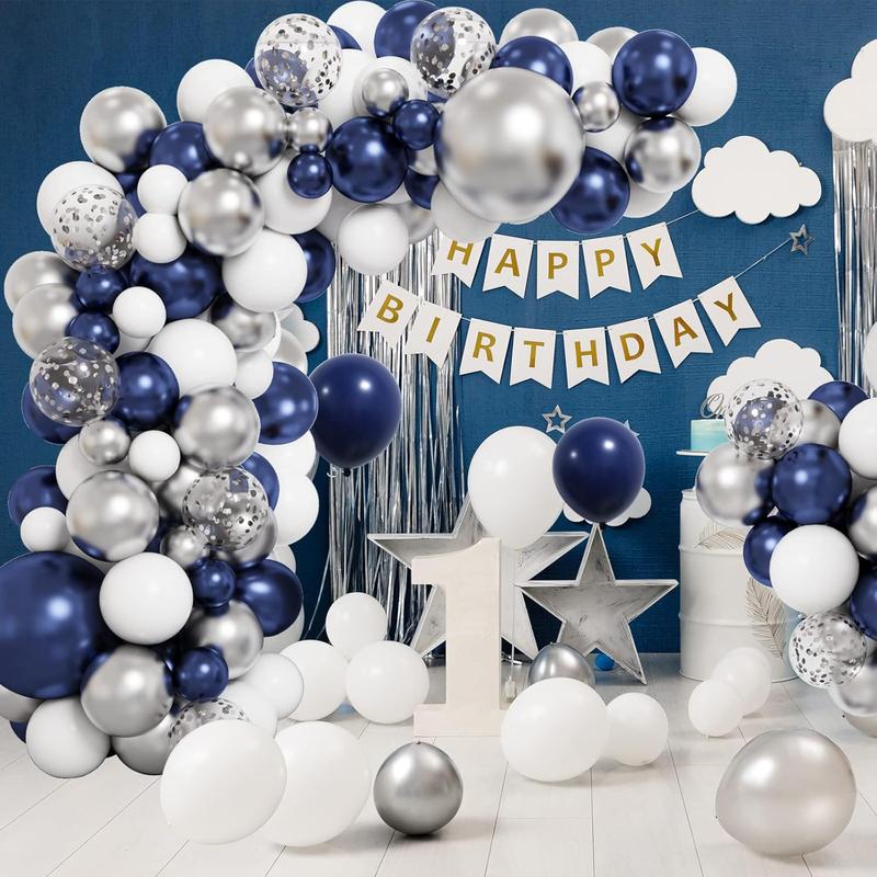 143 count Navy Blue Silver Balloon Garland Kit, Blue Silver White Confetti Balloons for Graduation Birthday Party  Shower