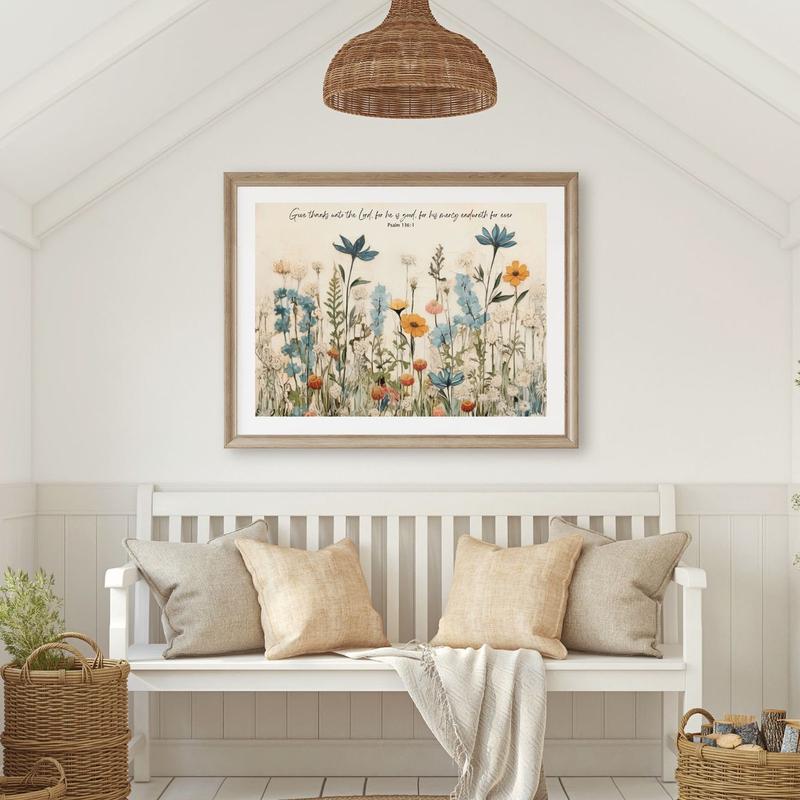 Room Decor, His Mercy Endures Forever, Give Thanks to the Lord for He Is Good, Christian Wall Art, Wildflower Art, Psalm 136:1, Scripture Kjv, Art Print