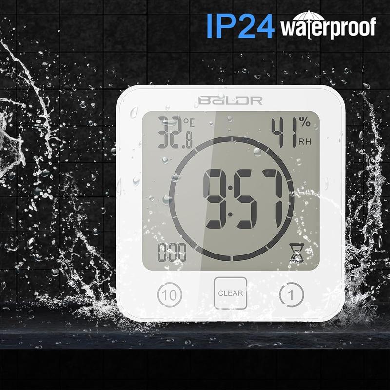 Shower Clock Waterproof Wall Clock Bathroom Clock Digital Temperature Humidity Display with Suction Cup, Touch Screen Timer for Kitchen Bathroom