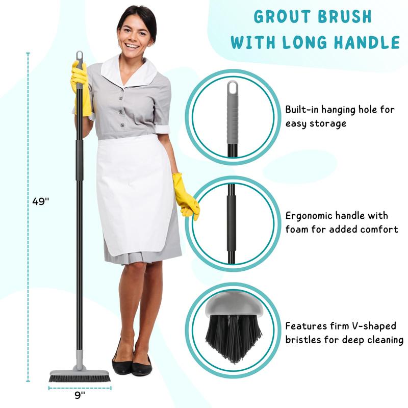 Grout Brush with Long Handle, 49'' Tile Cleaner Tool for Shower, Bathroom Floors Scrubber for Grout Cleaning