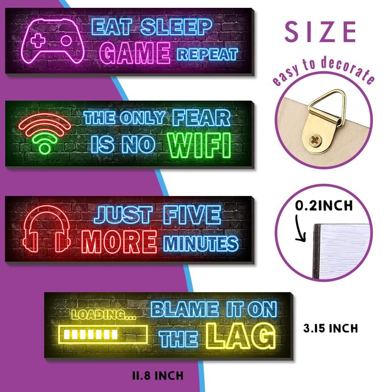 4 Pcs Printed Neon Gaming Posters, Teen Boys Room Decorations, gamer wall art Decor for bedroom Wooden