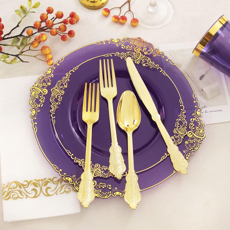 Nervure 175PCS Clear Purple Gold Plastic Plates for 25 Guests Include 25Dinner,Dessert Plates, 25Cups,Forks,Knives,Spoons,Napkins for Wedding&Party halloween decor dinner plate