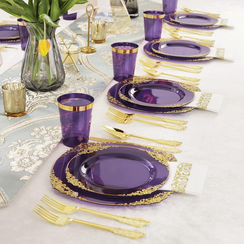 Nervure 175PCS Clear Purple Gold Plastic Plates for 25 Guests Include 25Dinner,Dessert Plates, 25Cups,Forks,Knives,Spoons,Napkins for Wedding&Party halloween decor dinner plate