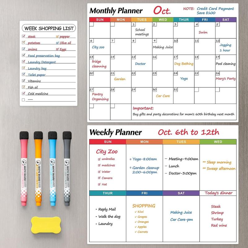 Dry Erase Magnetic Calendar for Refrigerator, 3 Pack- Monthly & Weekly & Daily Planner Magnet Whiteboard for Fridge Wall Door - Shopping, Meal Menu, To Do List, Family Schedule Planning Board, 14