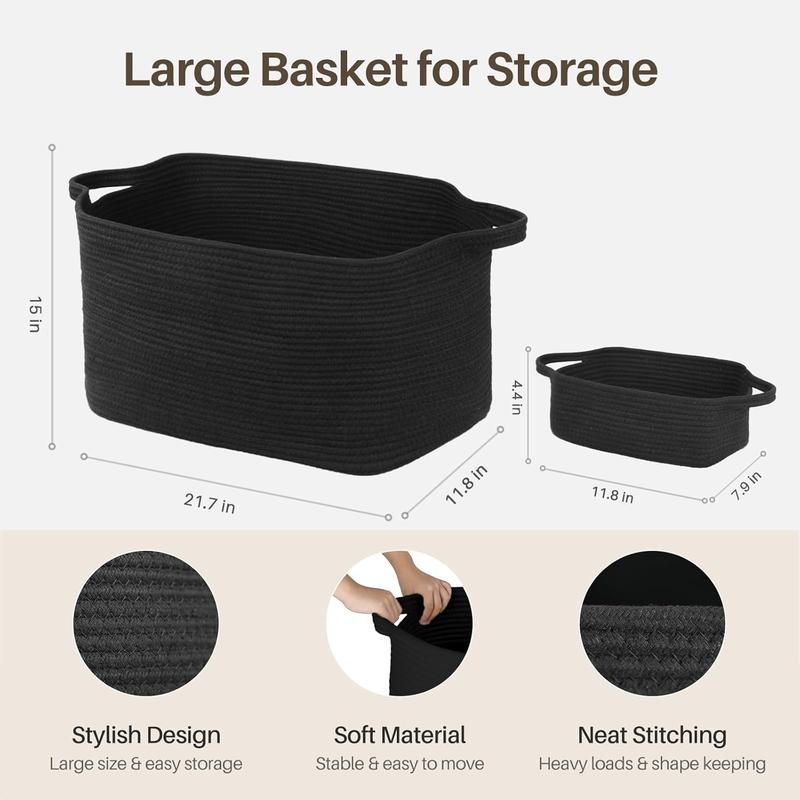 2 count Large Blanket Basket, Cotton Rope Basket with Handles for Bathroom, Black Basket for Bedroom, Living Room, Nursery, Laundry room and Bathroom Decorative Gift