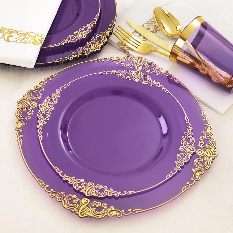 Nervure 175PCS Clear Purple Gold Plastic Plates for 25 Guests Include 25Dinner,Dessert Plates, 25Cups,Forks,Knives,Spoons,Napkins for Wedding&Party halloween decor dinner plate