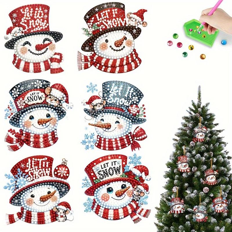 Snowman Pattern DIY Diamond Arts Colorful Painting Kit, 6 Counts set DIY Diamond Arts Colorful Painting Hanging Ornament, DIY Decorative Pendant for Home, Christmas Gift