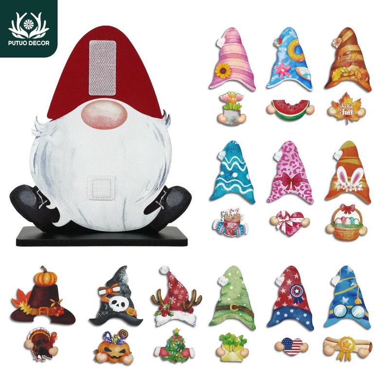 Christmas 2024 Ornament Cute Cartoon Dwarf Design Wooden Table Decoration, 1 Count Gnome Shaped Wooden Table Decor with 12 Sets Changeable Velcro Icons, Suitable for Home Farmhouse Porch Office Cafe Mall Decoration, Bedroom Decor