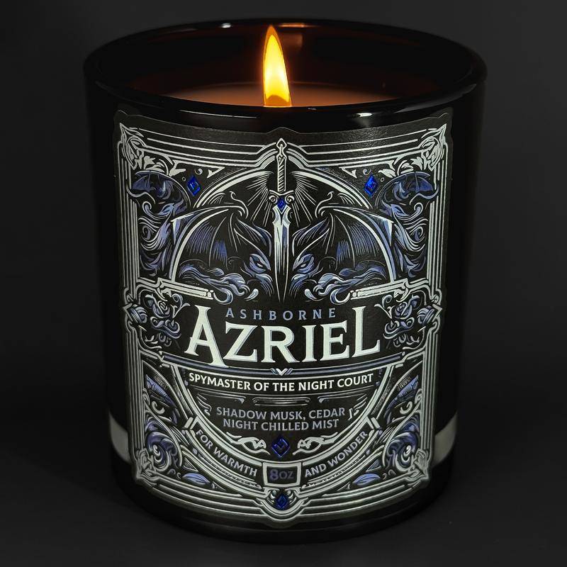 Azriel - ACOTAR inspired 8oz Scented Candle - Shadow Musk, Cedar, Night-Chilled Mist - Natural Coconut Wax - 35 h Burn Time - Premium Foil Label