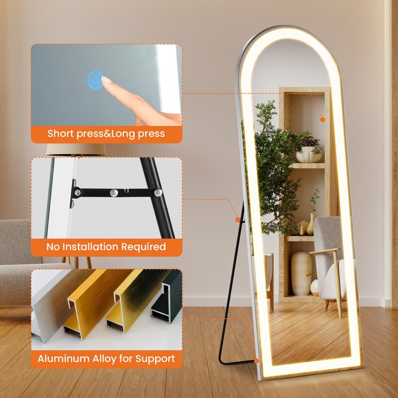 63X20 Inch LED Arched Full Length Mirror with Lights, Black Frame Lighted Floor Mirror, Dimmable & 3 Color Modes LED Full Body Dressing Standing Mirror, Wall Mounted Long Mirror