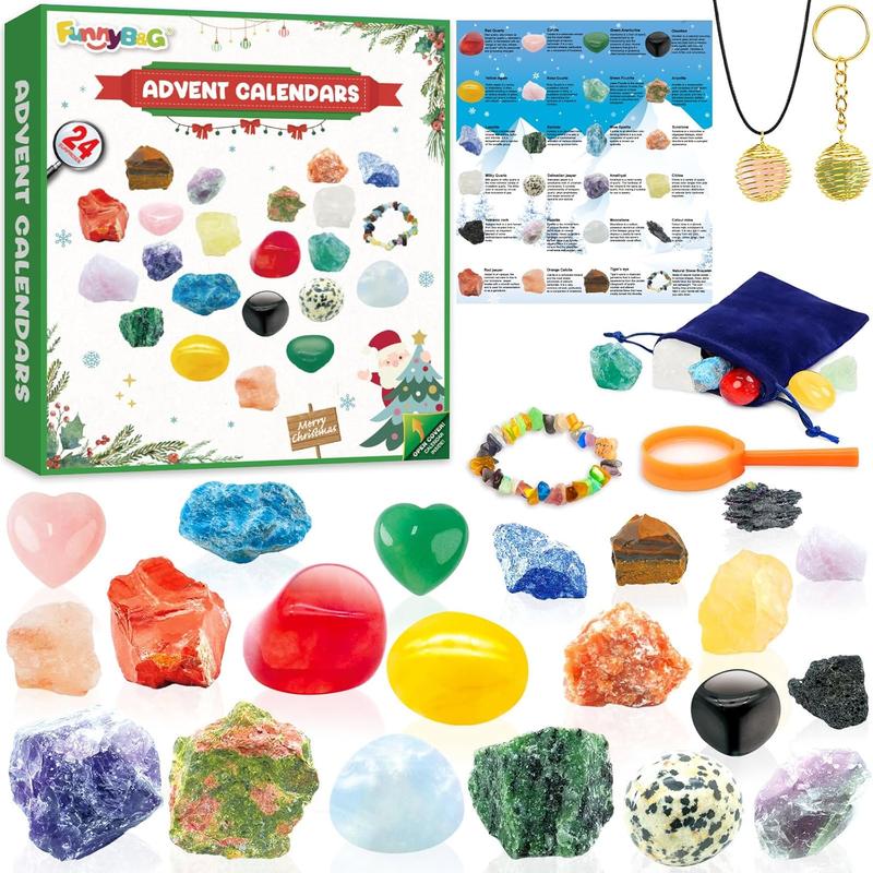 Gemstone Advent Calendar 2024,Christmas Rock Advent Calendar for Kids for Girls Boys Christmas Countdown with 24 Crystals, Minerals and Gemstones for Rock Collection with Mini Gemstone Dig Kit Christmas Scientific Gifts Geology Teen Adult