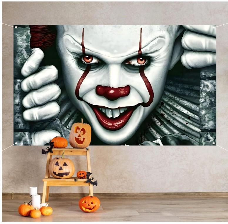 Scary Creepy Horror Movie Character Pennywise Photo Backdrop Clown Joker Banner Classic Horror Halloween Party Decorations and Supplies for Home Cloth Spooky