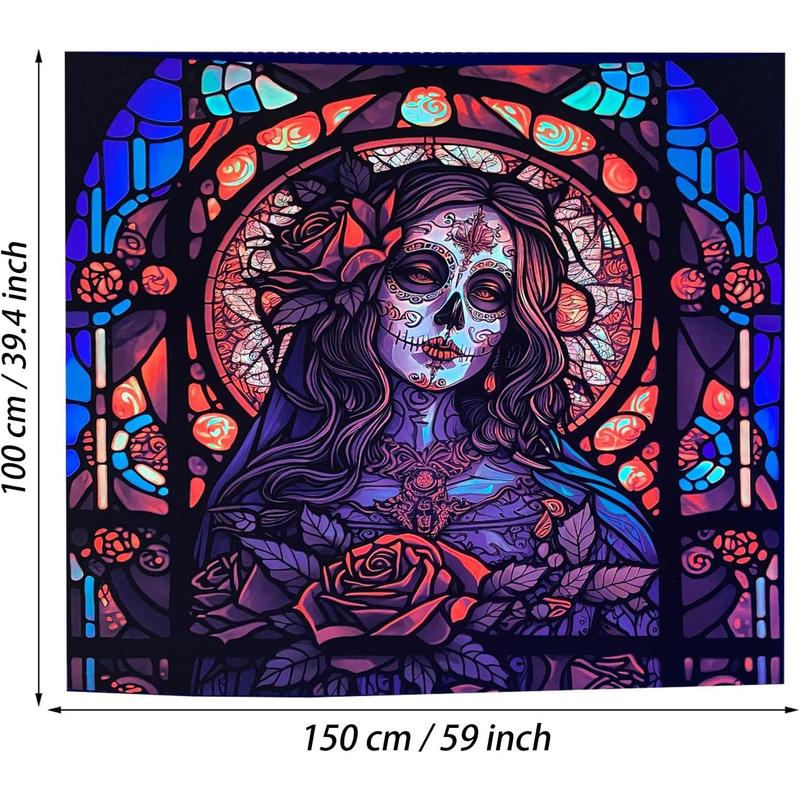 Day of The Dead Black Light Reactive Tapestry Rose Suger Skull Wall Hanging Tapestry Glow in the Dark Church Skeleton Poster Trippy Wall Art Decor for Bedroom Living Room