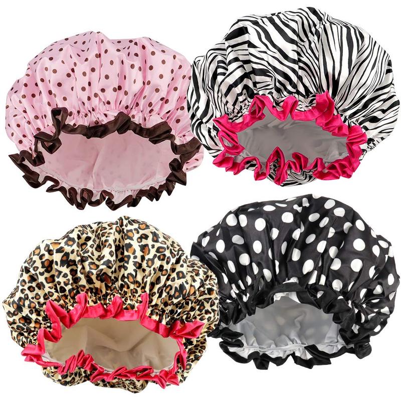 TCOTBE 4 Pieces Shower Cap for Women, Elastic and Reusable, Environmental Protection Hair Bath Caps, Double Waterproof Layers Bathing Hat HuiYouHui