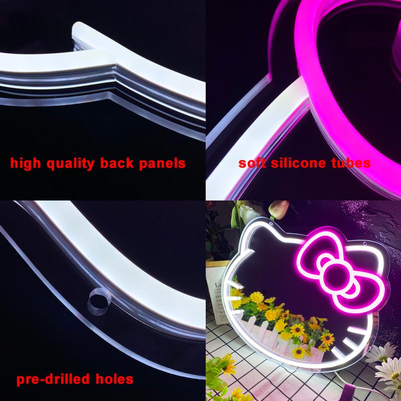 Sanrio Hello Kitty Cat Anime Neon Sign Mirror Vanity Mirror with Lights Bedroom Wall Mirror for Pink Room Decor and a Makeup Mirror with Lights Teen Girl Gifts Glass Decoration